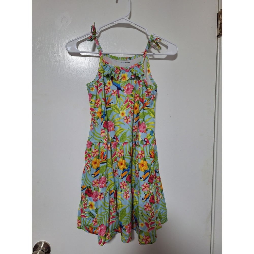 Tommy Bahama Girls Size 7 Tropical Floral Print Parrot Tiered Ruffle Dress